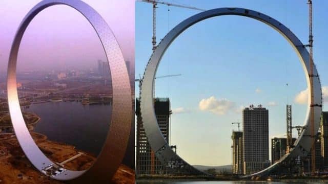 El "Aro de la Vida", en Fushun. Mide 157 metros de alto y está hecho de 3.000 toneladas de acero, decorado con 12.000 luces LED. 